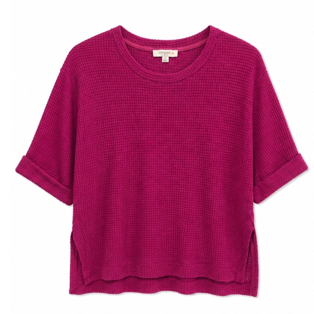 Umgee Berry Waffle Knit Top Short Sleeve Rolled Cuff Crew Neck WA5398 XL - Picture 2 of 6